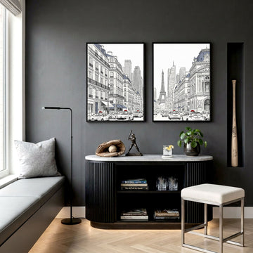 Paris Posters Black & White Street Scene with Eiffel Tower displayed on a wall in a styled room — view 2