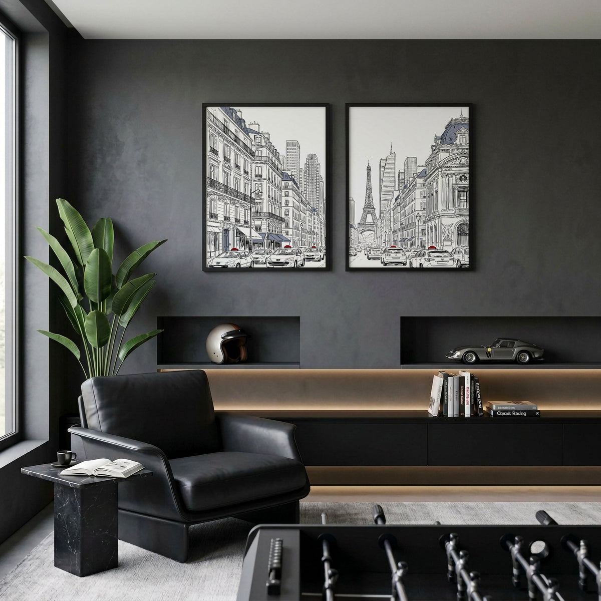 Paris Posters Black & White Street Scene with Eiffel Tower displayed on a wall in a styled room — view 4