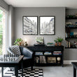 Paris Posters Black & White Street Scene with Eiffel Tower displayed on a wall in a styled room — view 5