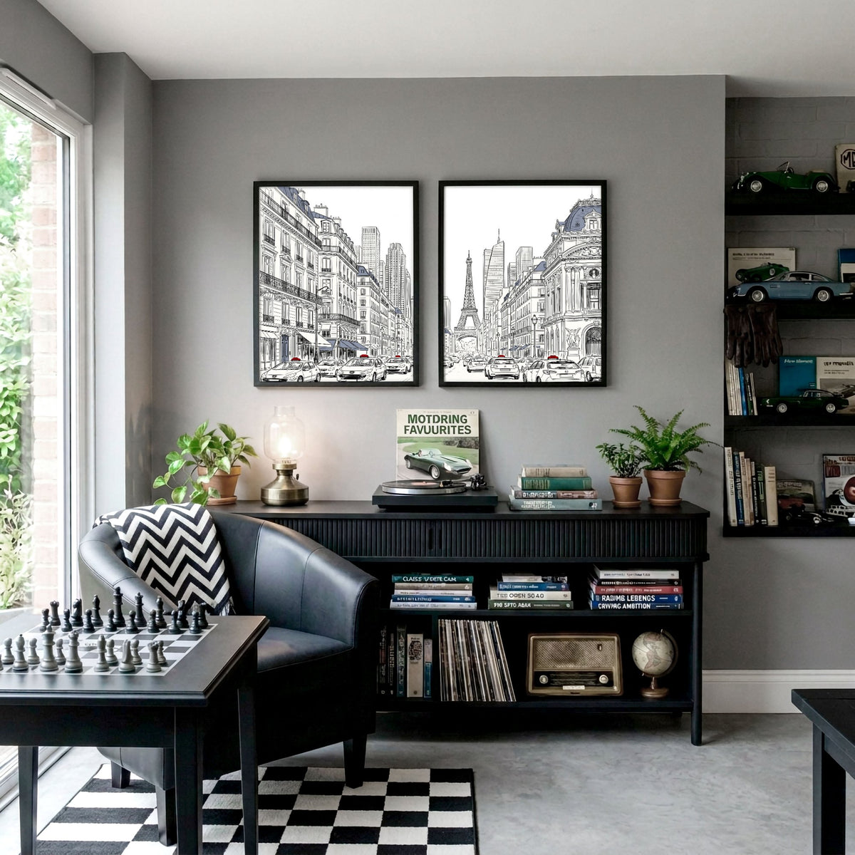 Paris Posters Black & White Street Scene with Eiffel Tower displayed on a wall in a styled room — view 5