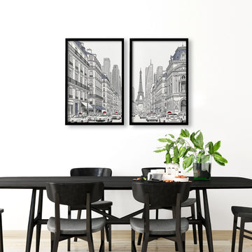 Paris wall art Black & White Street Scene with Red Accent displayed on a wall in a styled room