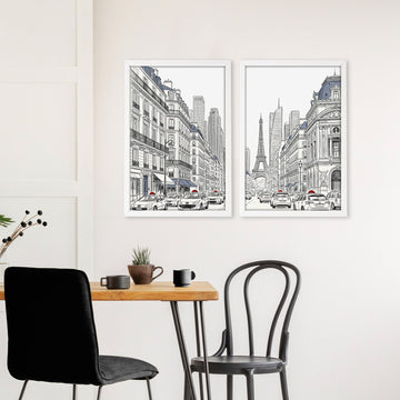 Paris wall art Black & White Street Scene with Red Accent displayed on a wall in a styled room — view 2