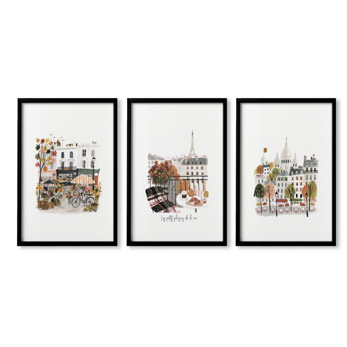 Paris Wall Art Autumn Watercolour Scenes "Les Petits Plaisirs de la Vie" | Set of 3