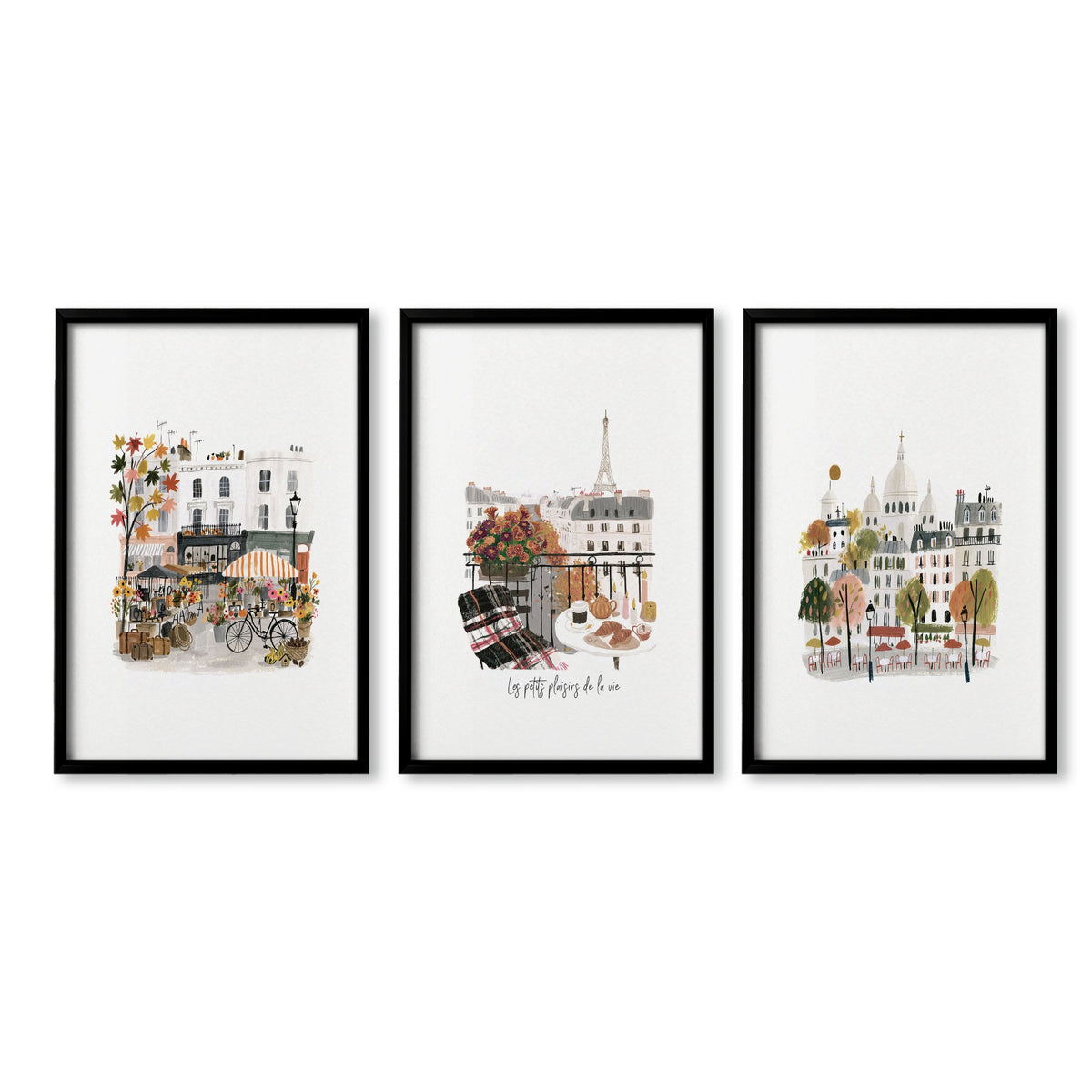 Paris Wall Art Autumn Watercolour Scenes "Les Petits Plaisirs de la Vie" in a black frame