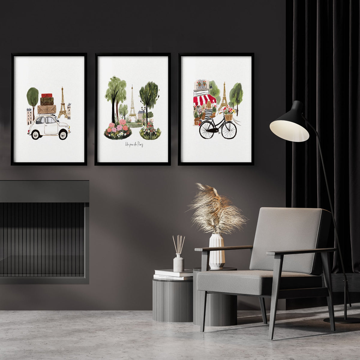 Paris Wall Art Canvas "Un peu de Paris" Eiffel Tower Travel wall art displayed on a wall in a styled room — view 4