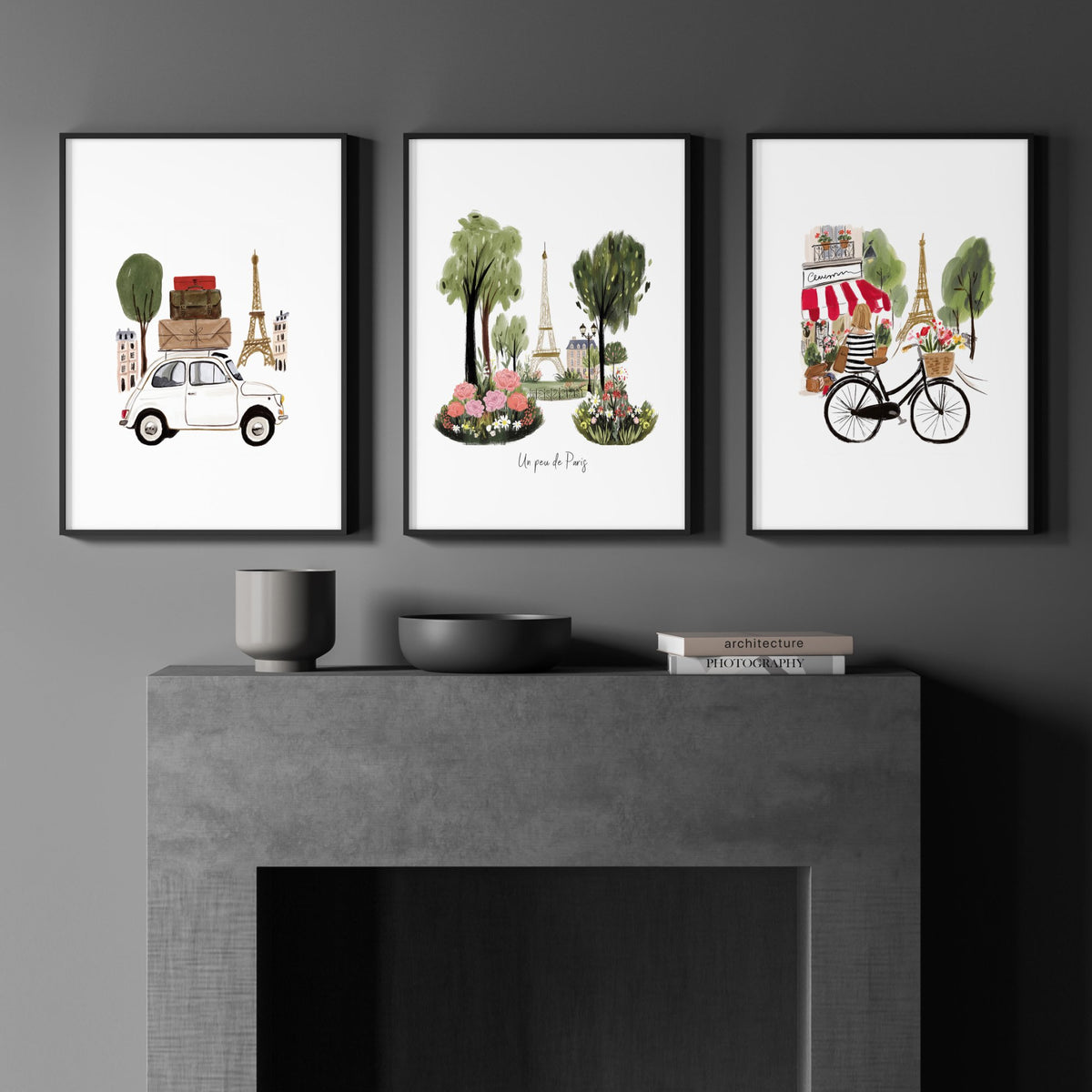 Paris Wall Art Canvas "Un peu de Paris" Eiffel Tower Travel wall art displayed on a wall in a styled room — view 5