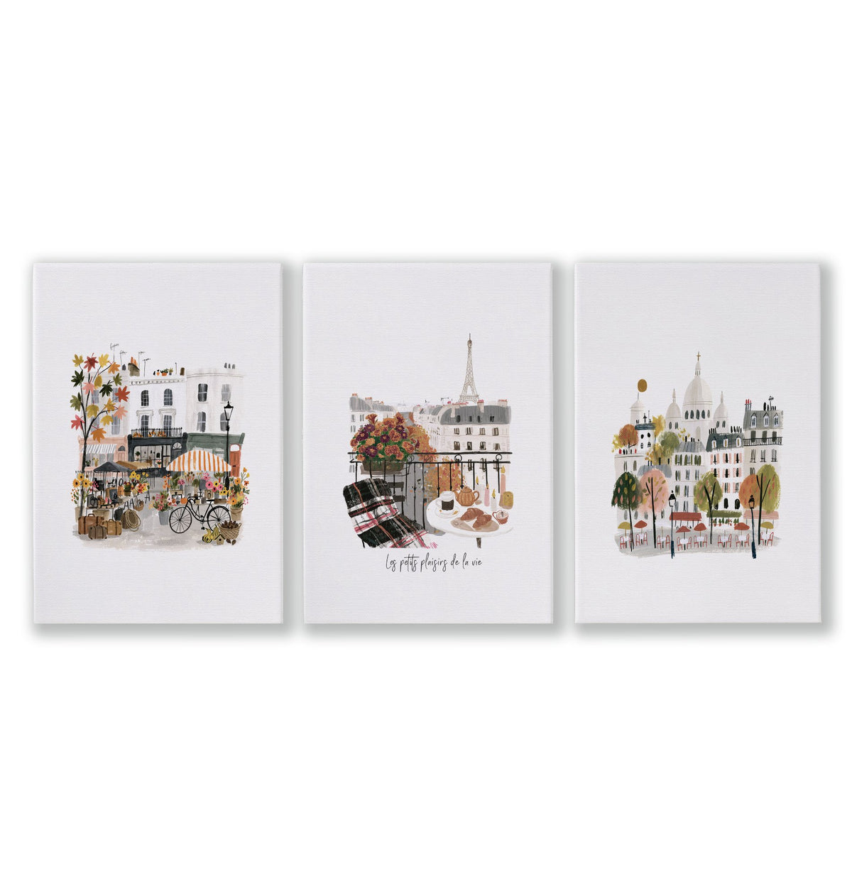 Paris Wall Art Autumn Watercolour Scenes "Les Petits Plaisirs de la Vie" as a wrapped canvas