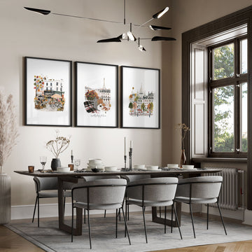 Paris Wall Art for Living Room | Autumn Parisian Scenes with Eiffel Tower & "Les Petits Plaisirs de la Vie" displayed on a wall in a styled room