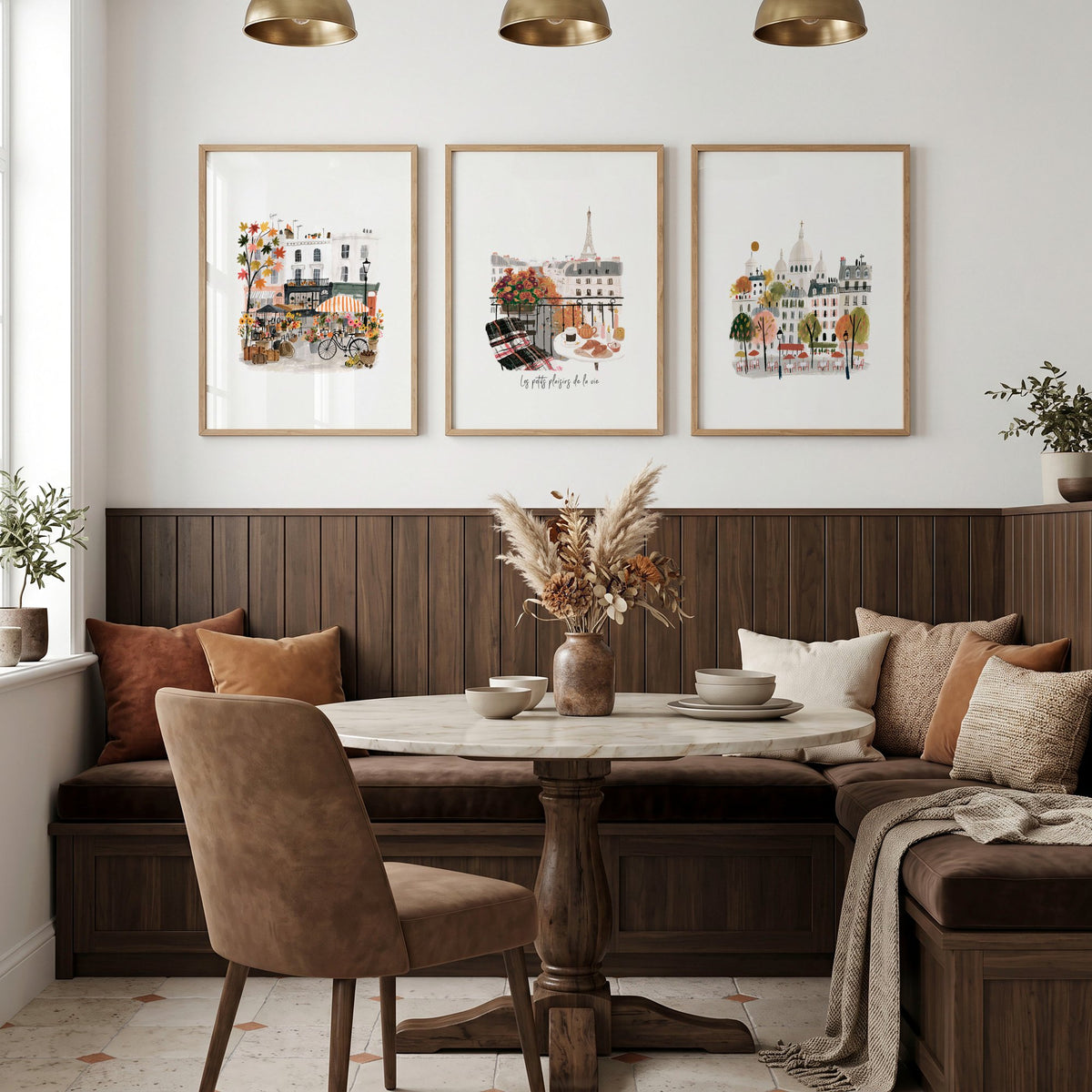 Paris Wall Art for Living Room | Autumn Parisian Scenes with Eiffel Tower & "Les Petits Plaisirs de la Vie" displayed on a wall in a styled room — view 4