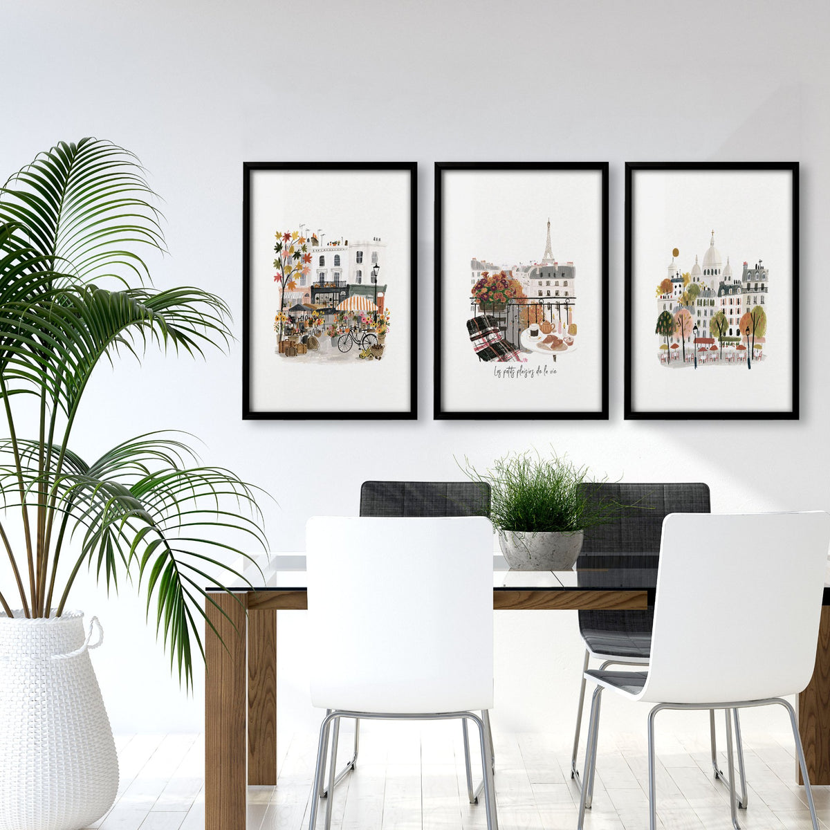Paris Wall Art for Living Room | Autumn Parisian Scenes with Eiffel Tower & "Les Petits Plaisirs de la Vie" displayed on a wall in a styled room — view 5