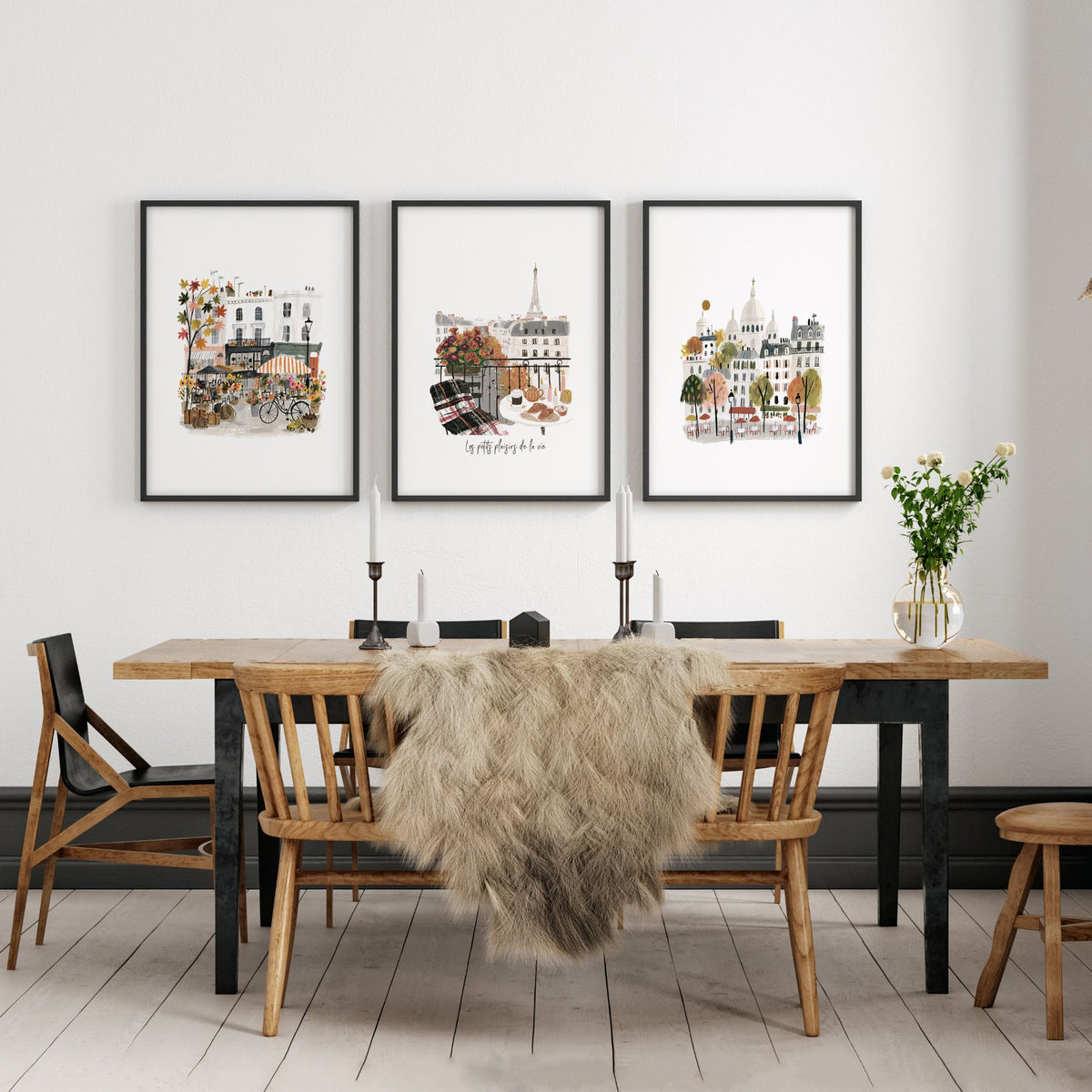 Paris Wall Art for Living Room | Autumn Parisian Scenes with Eiffel Tower & "Les Petits Plaisirs de la Vie" displayed on a wall in a styled room — view 7