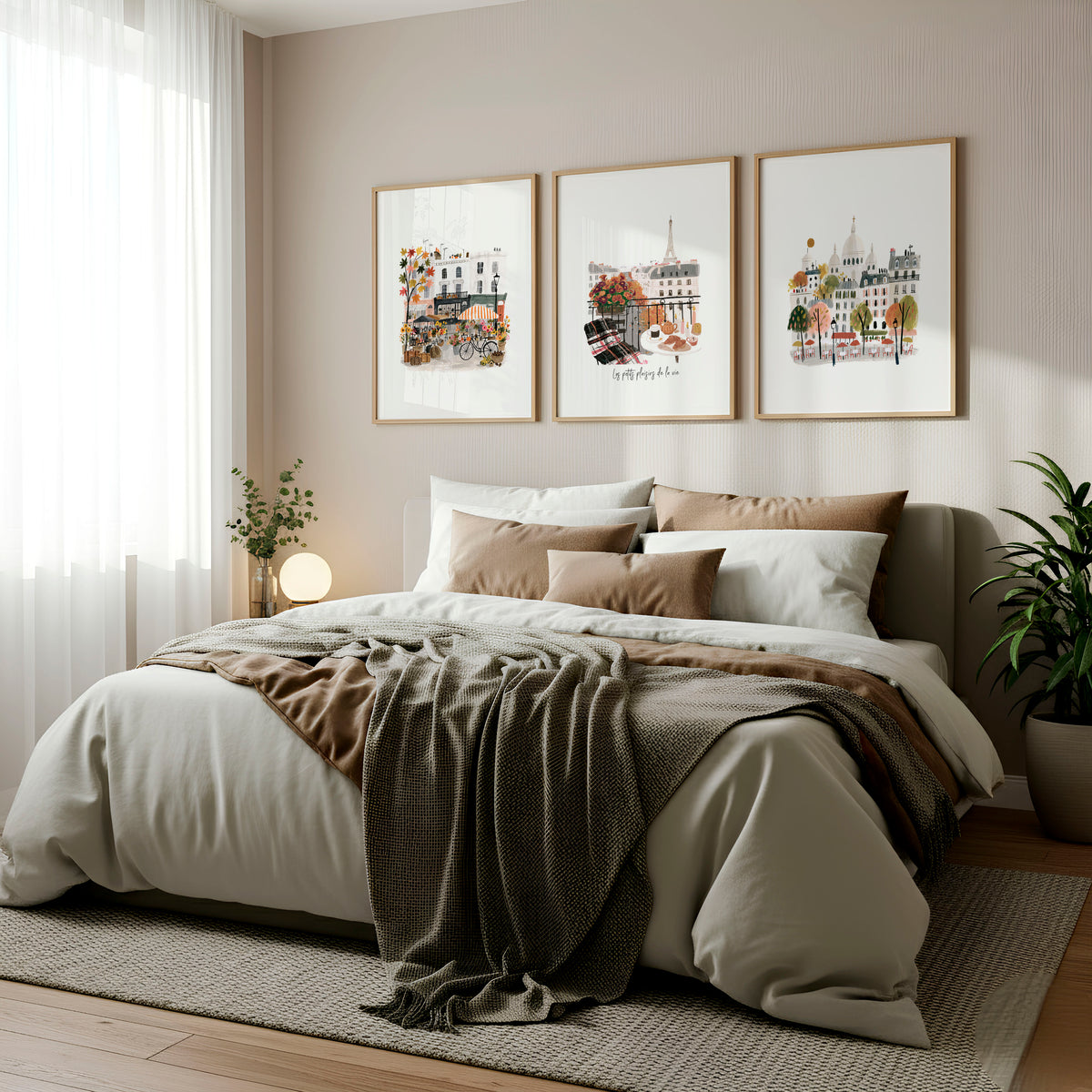 Paris Wall Art Autumn Watercolour Scenes "Les Petits Plaisirs de la Vie" displayed on a wall in a styled room — view 3