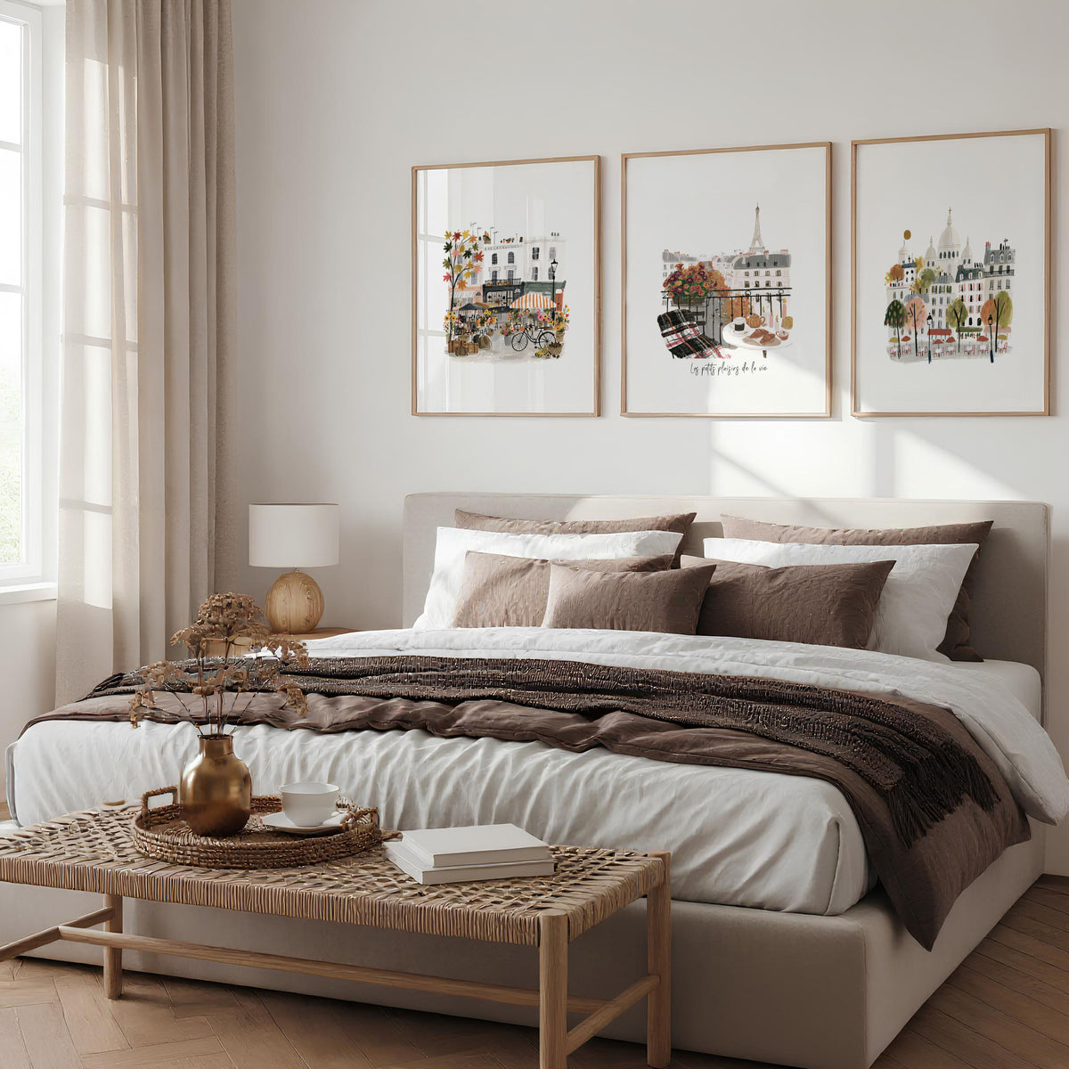 Paris Wall Art Autumn Watercolour Scenes "Les Petits Plaisirs de la Vie" displayed on a wall in a styled room — view 4