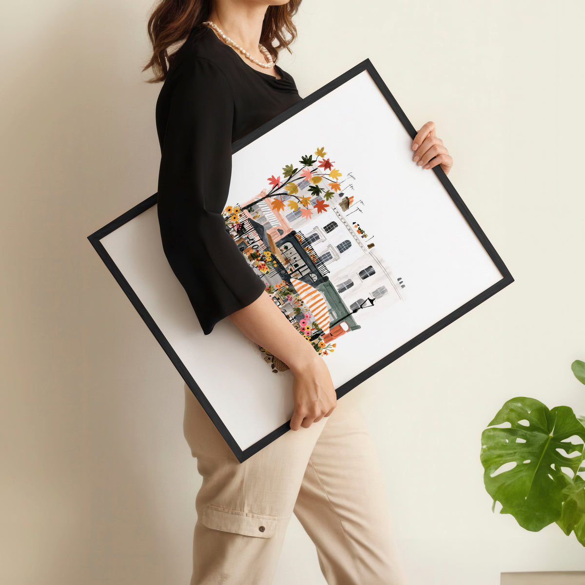 Paris Wall Art Autumn Watercolour Scenes "Les Petits Plaisirs de la Vie" displayed on a wall in a styled room — view 9