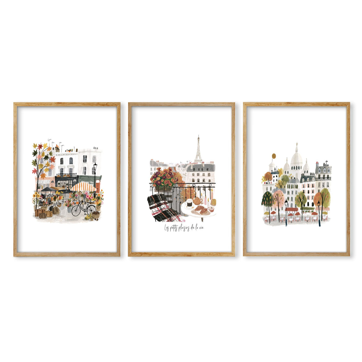 Paris Wall Art Autumn Watercolour Scenes "Les Petits Plaisirs de la Vie" in an oak frame
