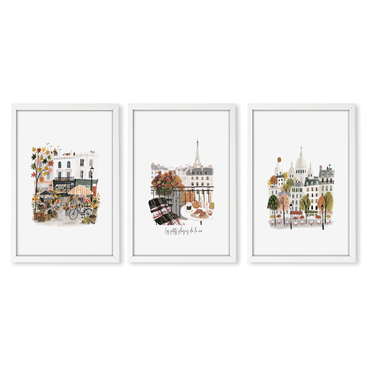 Paris Wall Art Autumn Watercolour Scenes "Les Petits Plaisirs de la Vie" in a white frame
