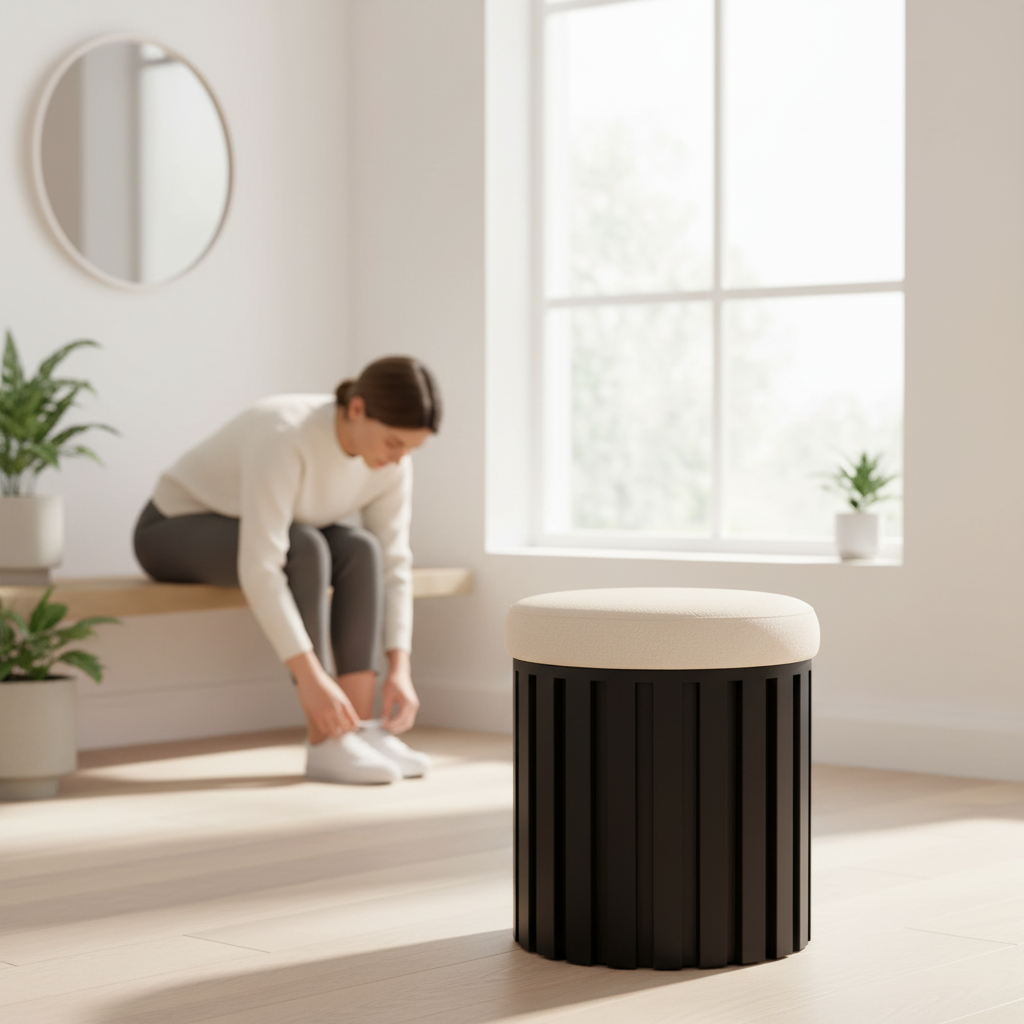Perdoba Ridge Base Mango Wood Black Finish Texture Fabric Stool
