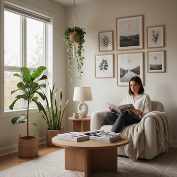 Person reading interior design magazines in cosy minimalist reading nook with wall art