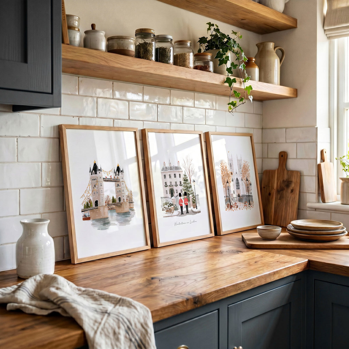 Picture for a Kitchen London Bridge Travel wall art | "Wintertime in London" displayed on a wall in a styled room — view 3