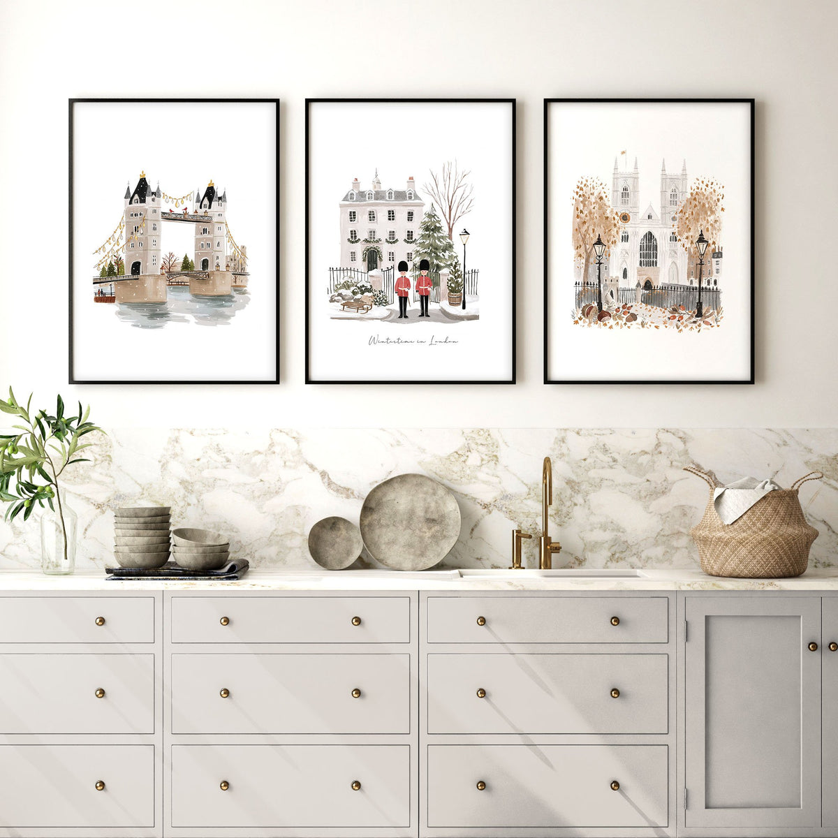 Picture for a Kitchen London Bridge Travel wall art | "Wintertime in London" displayed on a wall in a styled room — view 5