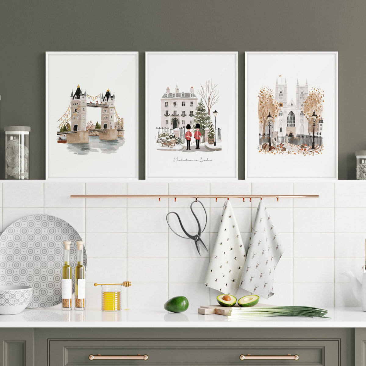 Picture for a Kitchen London Bridge Travel wall art | "Wintertime in London" displayed on a wall in a styled room — view 6