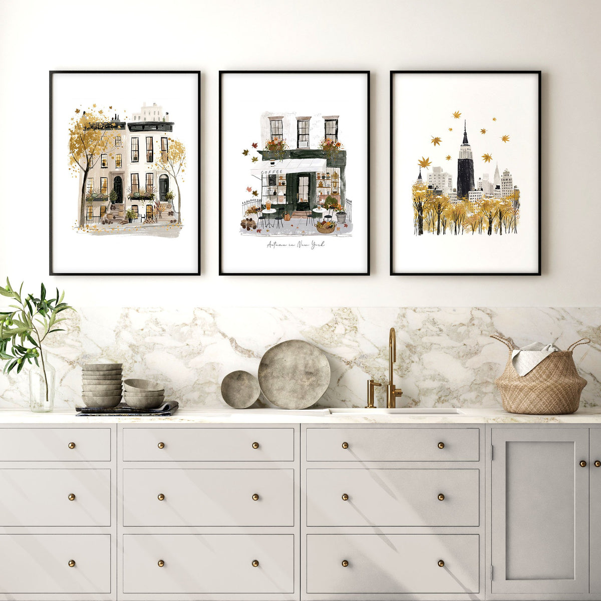 hgfluflu New York Autumn Travel wall art | "Autumn in New York" Ochre City Scene displayed on a wall in a styled room — view 6