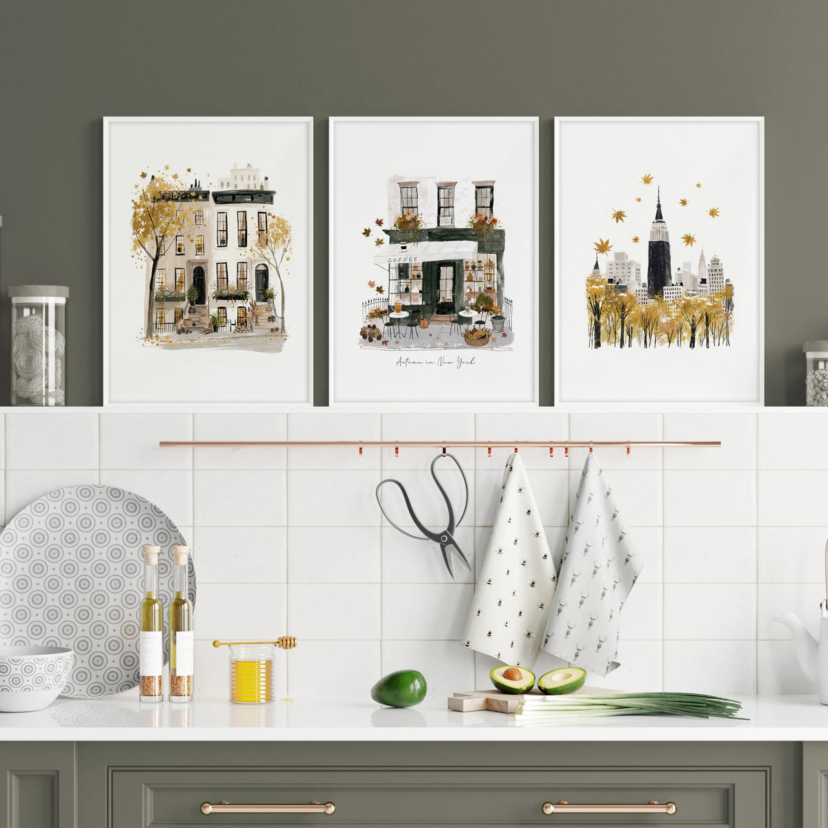 hgfluflu New York Autumn Travel wall art | "Autumn in New York" Ochre City Scene displayed on a wall in a styled room — view 7