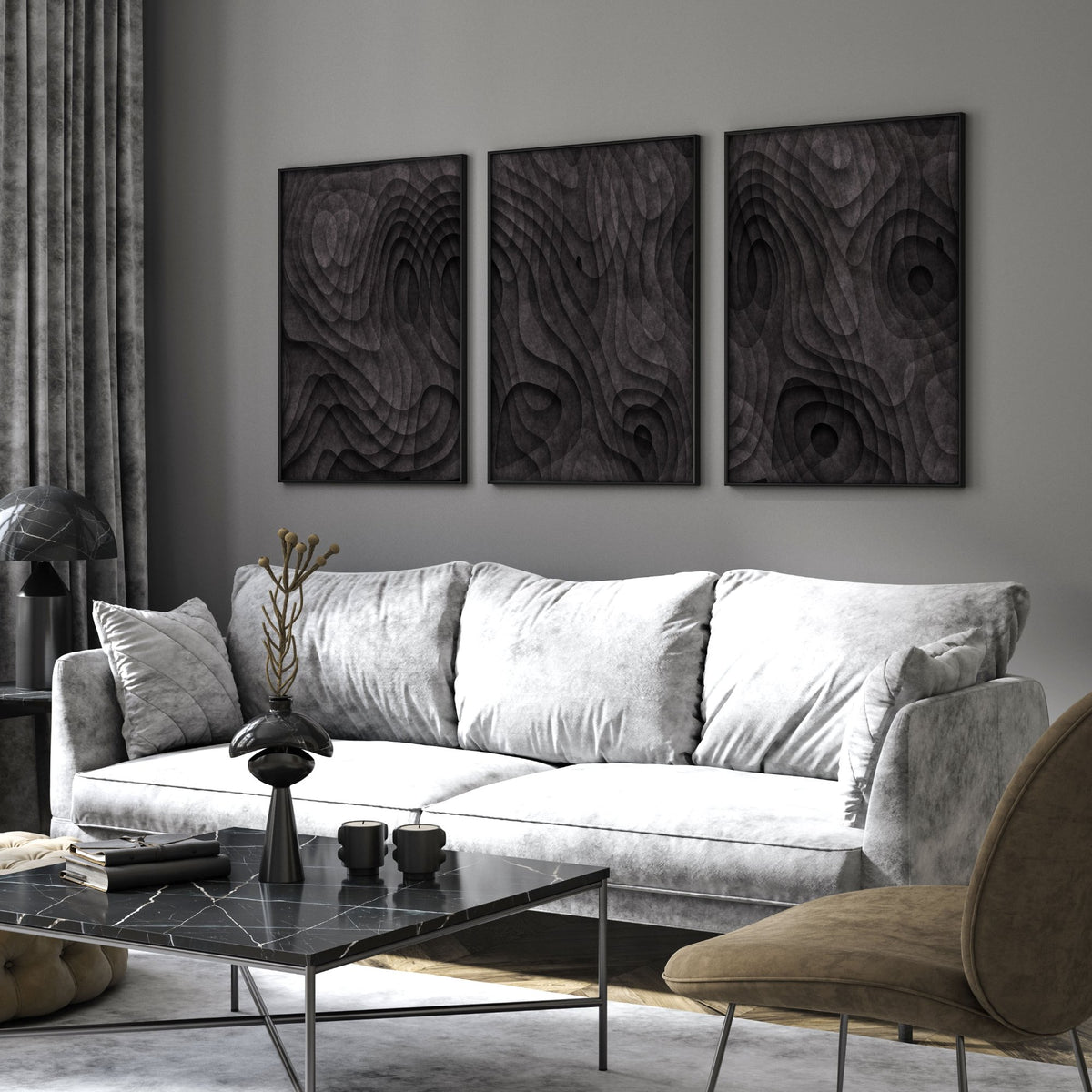 Picture for Living Room Dark Topographic Abstract Brown Texture wall art displayed on a wall in a styled room — view 4