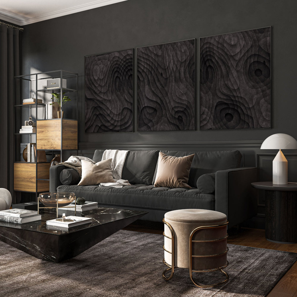 Picture for Living Room Dark Topographic Abstract Brown Texture wall art displayed on a wall in a styled room — view 7