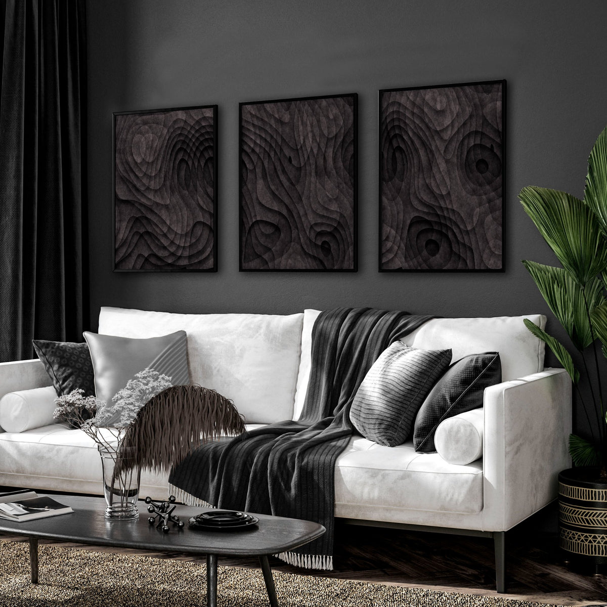 Picture for Living Room Dark Topographic Abstract Brown Texture wall art displayed on a wall in a styled room — view 9