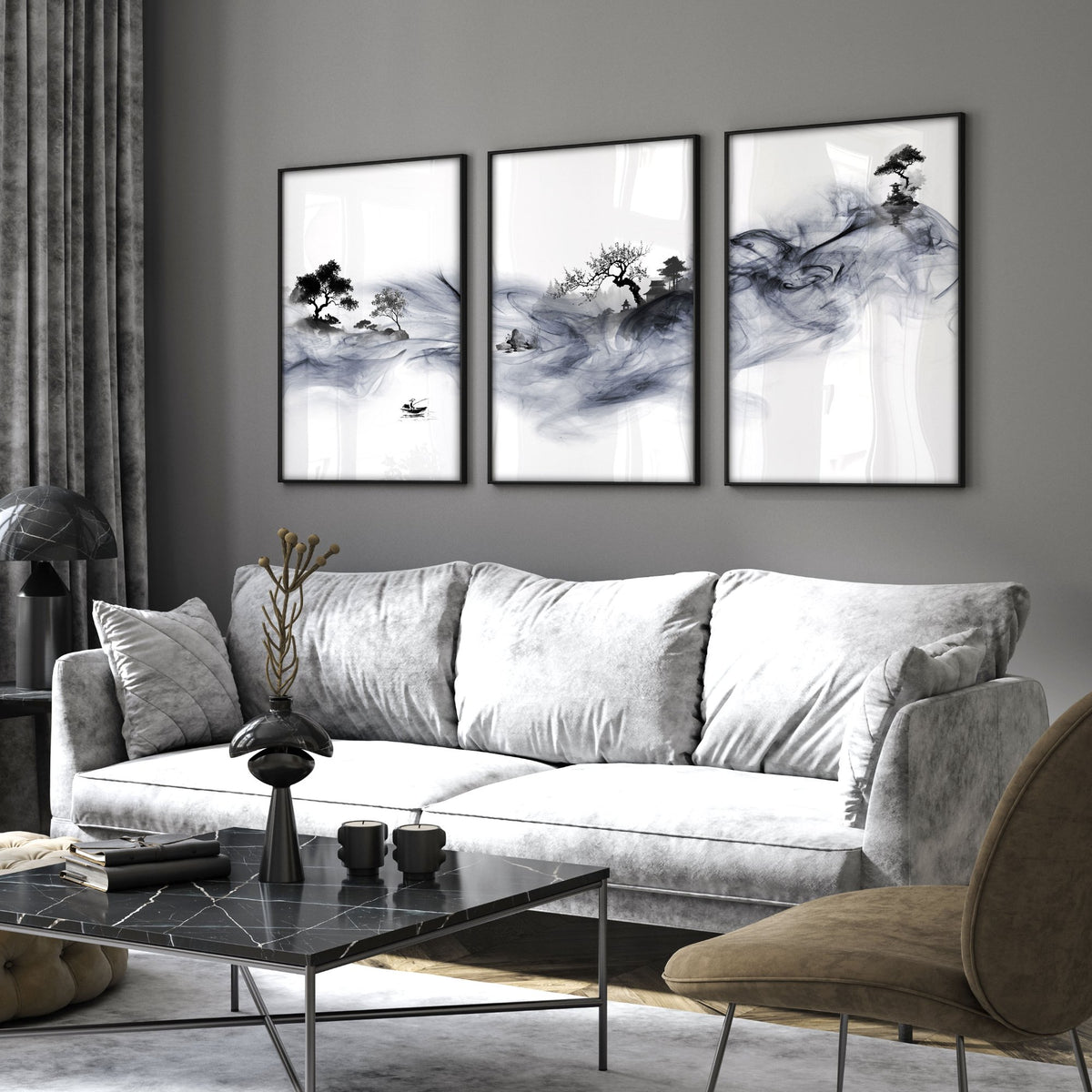 Japanese Ink Wash Landscape Picture for Living Room Wall displayed on a wall in a styled room