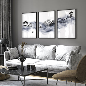 Japanese Ink Wash Landscape Picture for Living Room Wall displayed on a wall in a styled room
