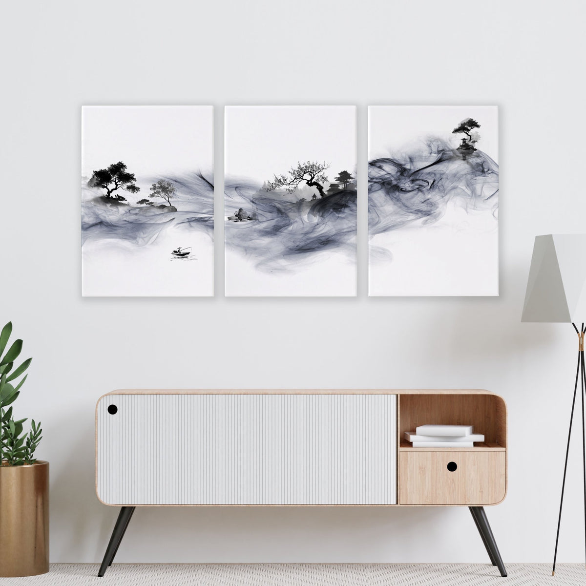 Japanese Ink Wash Landscape Picture for Living Room Wall displayed on a wall in a styled room — view 11