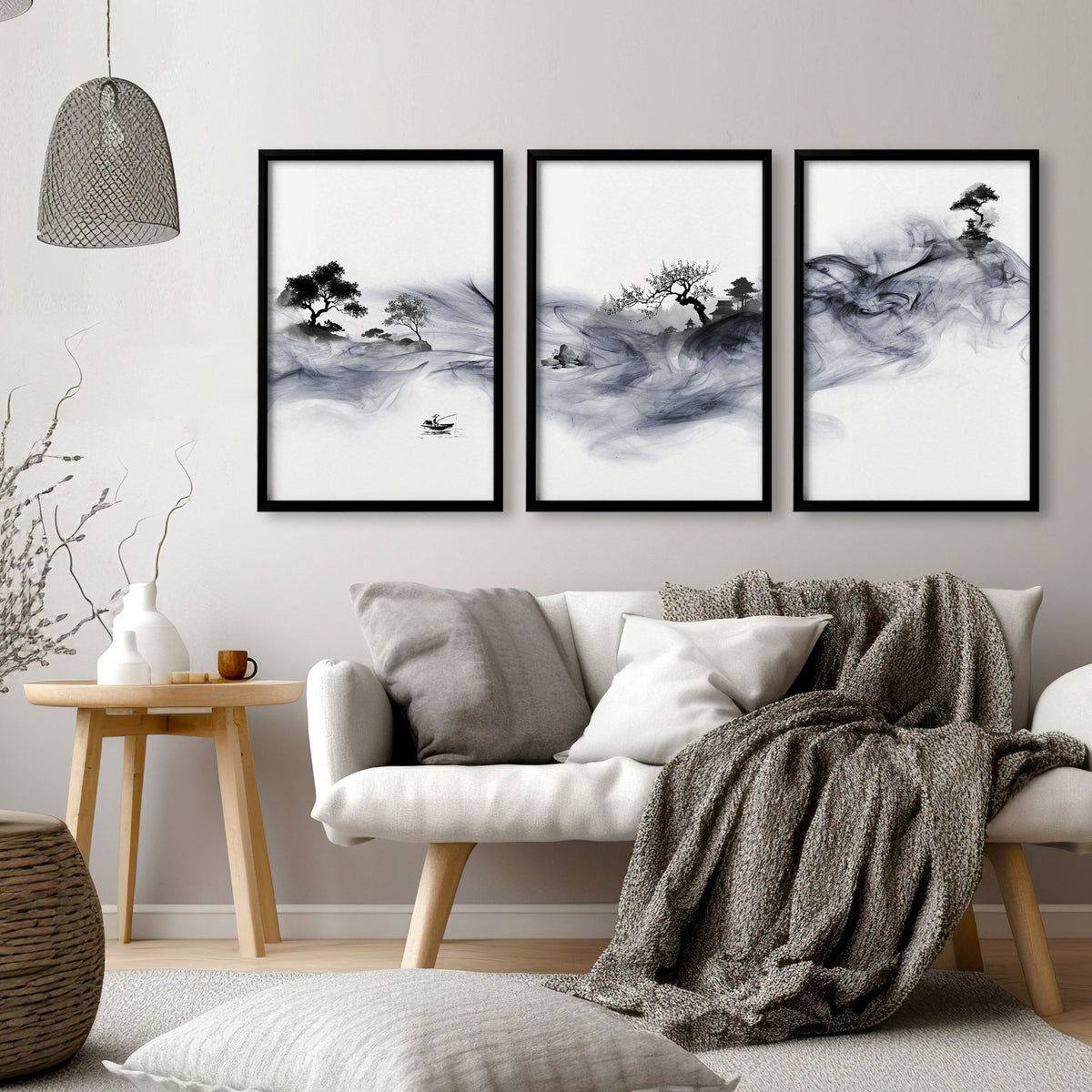 Japanese Ink Wash Landscape Picture for Living Room Wall displayed on a wall in a styled room — view 12