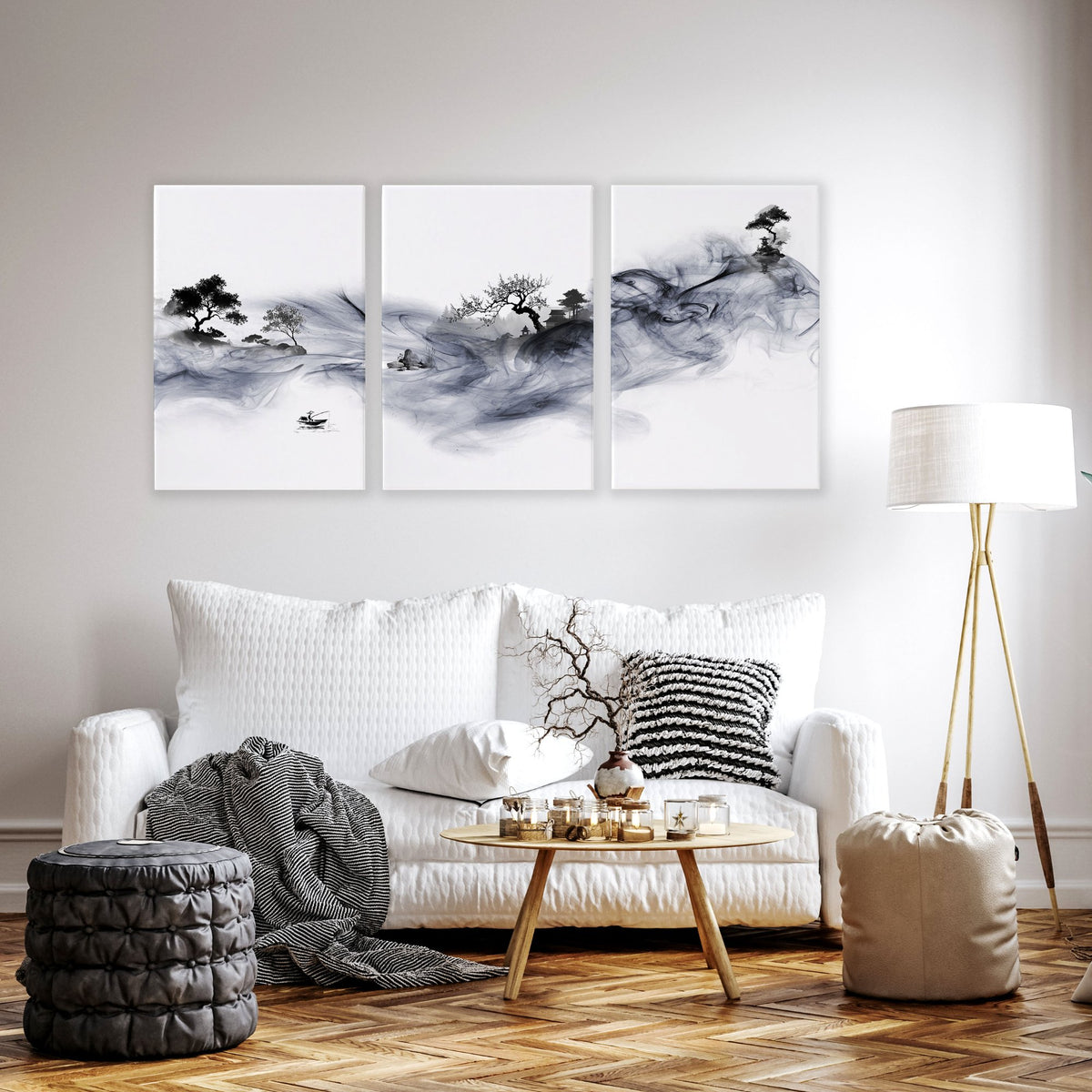 Japanese Ink Wash Landscape Picture for Living Room Wall displayed on a wall in a styled room — view 13