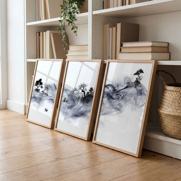 Japanese Ink Wash Landscape Picture for Living Room Wall displayed on a wall in a styled room — view 2