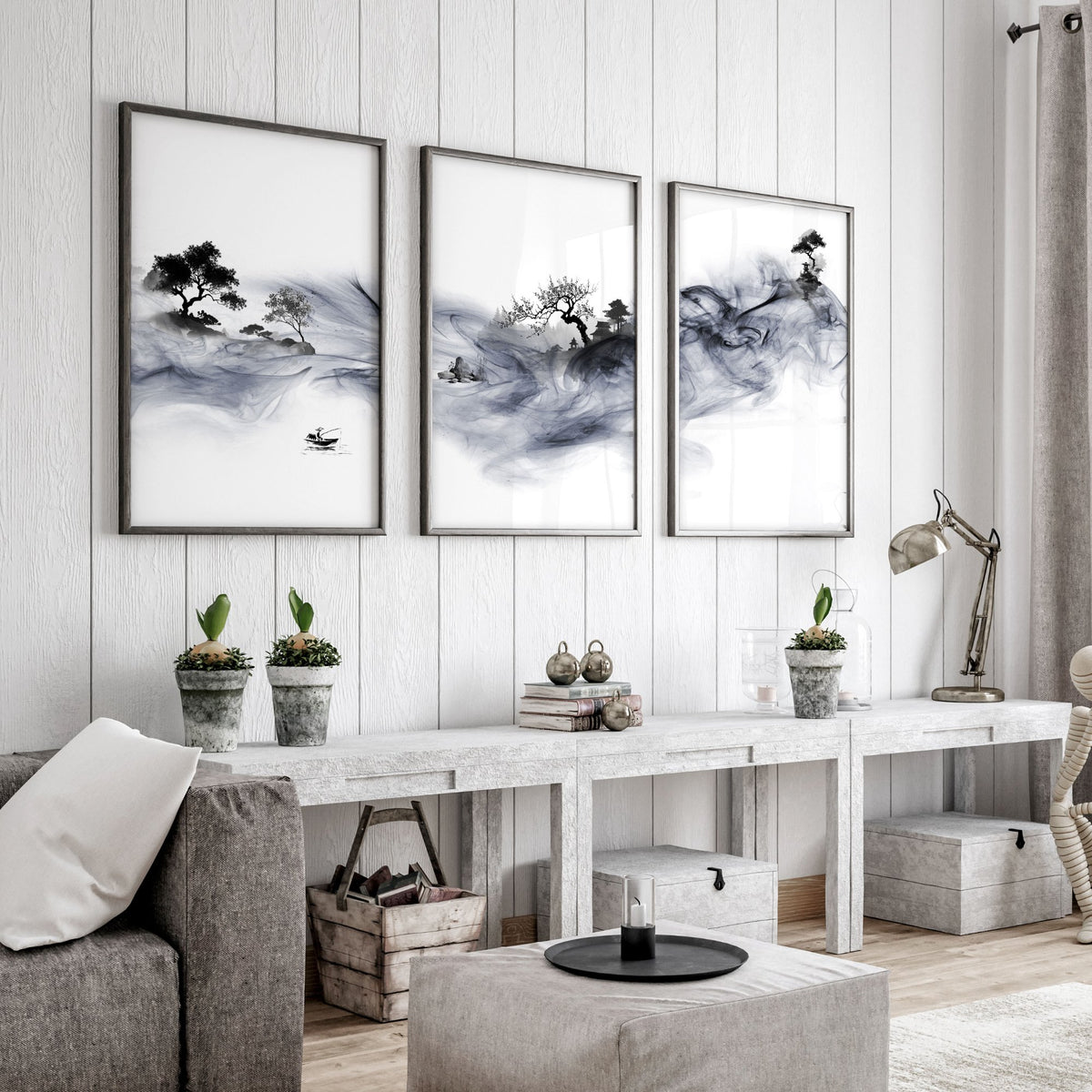 Japanese Ink Wash Landscape Picture for Living Room Wall displayed on a wall in a styled room — view 4