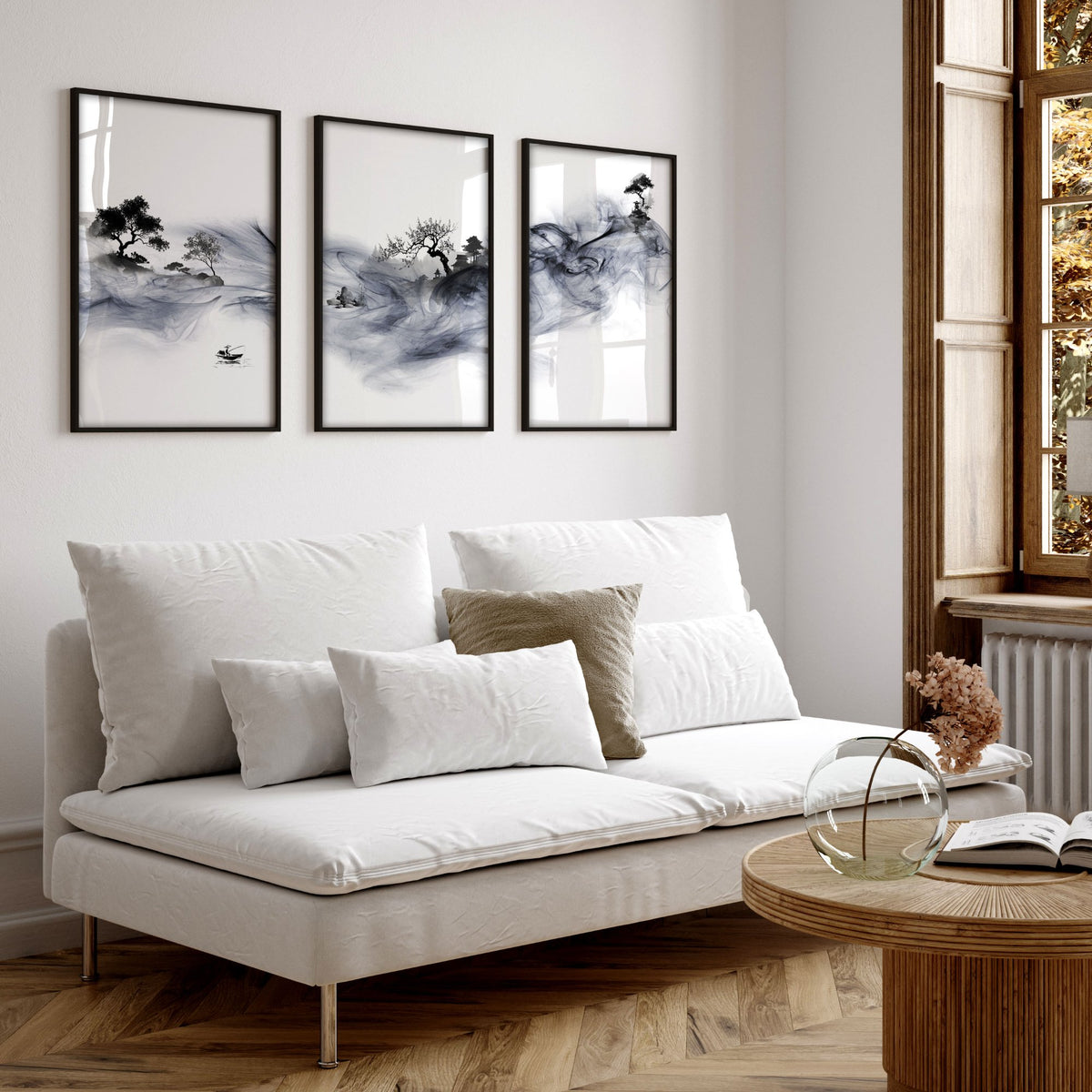 Japanese Ink Wash Landscape Picture for Living Room Wall displayed on a wall in a styled room — view 5