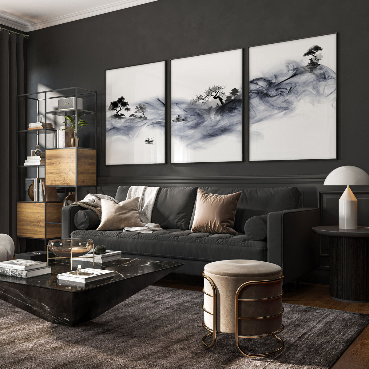 Japanese Ink Wash Landscape Picture for Living Room Wall displayed on a wall in a styled room — view 6