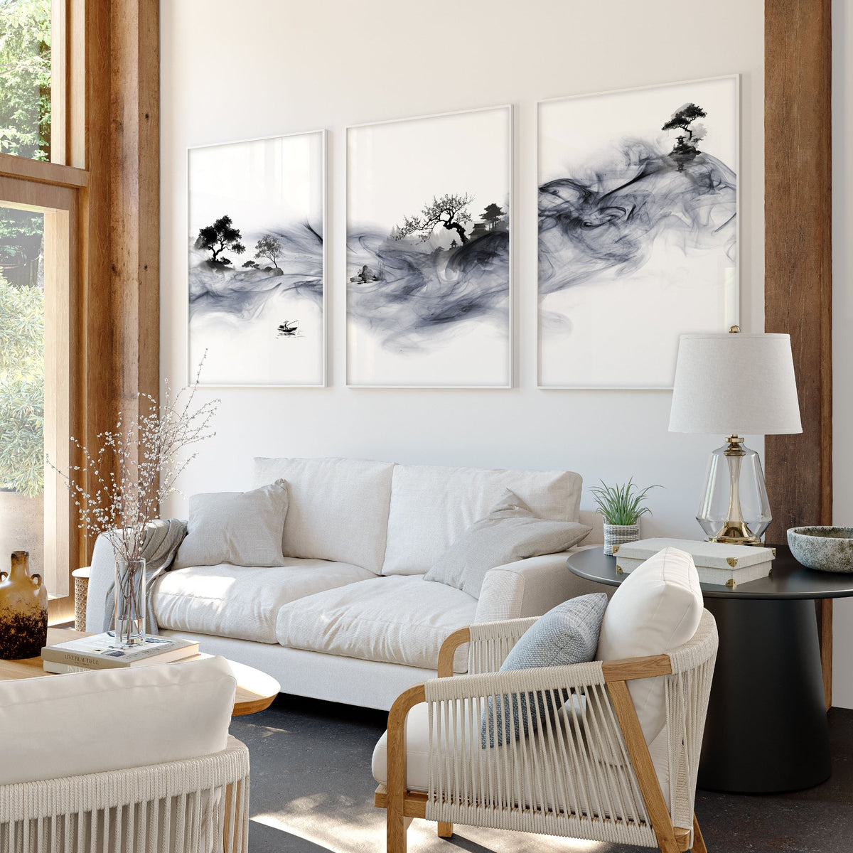 Japanese Ink Wash Landscape Picture for Living Room Wall displayed on a wall in a styled room — view 7
