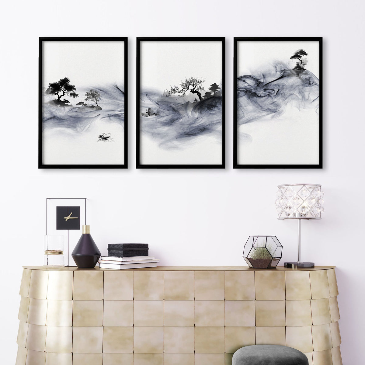 Japanese Ink Wash Landscape Picture for Living Room Wall displayed on a wall in a styled room — view 8