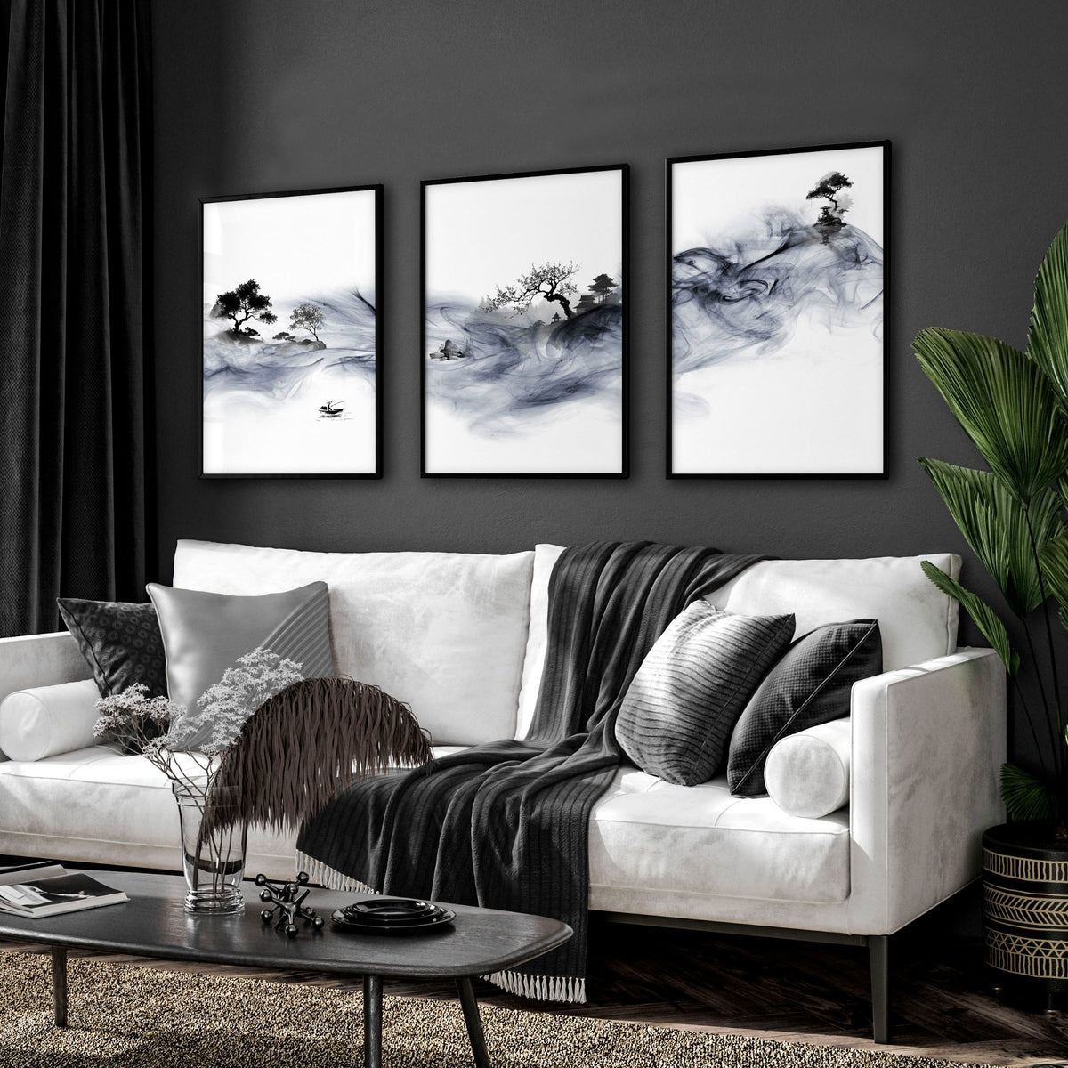 Japanese Ink Wash Landscape Picture for Living Room Wall displayed on a wall in a styled room — view 9