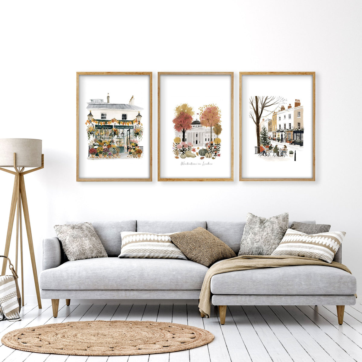 Picture for Wall Living Room London Travel wall art | "Wintertime in London" Covent Garden Terracotta Set of 3 displayed on a wall in a styled room — view 10