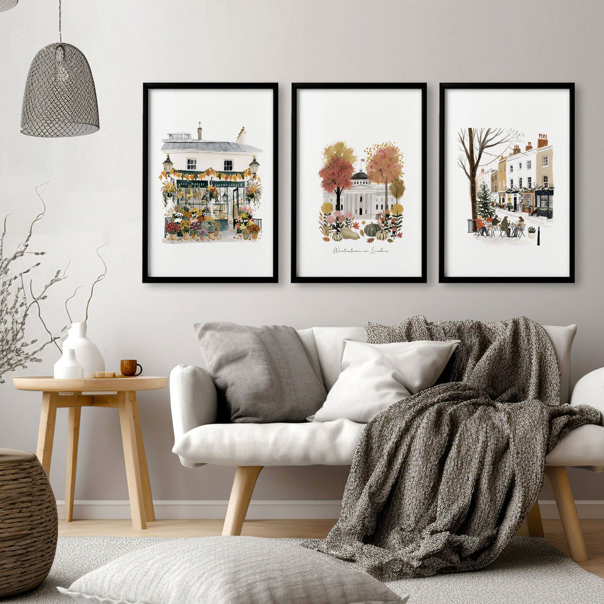 Picture for Wall Living Room London Travel wall art | "Wintertime in London" Covent Garden Terracotta Set of 3 displayed on a wall in a styled room — view 12