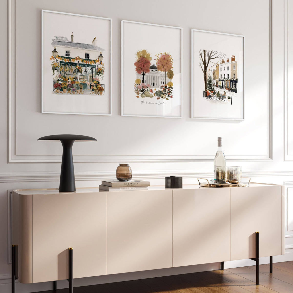 Picture for Wall Living Room London Travel wall art | "Wintertime in London" Covent Garden Terracotta Set of 3 displayed on a wall in a styled room — view 14