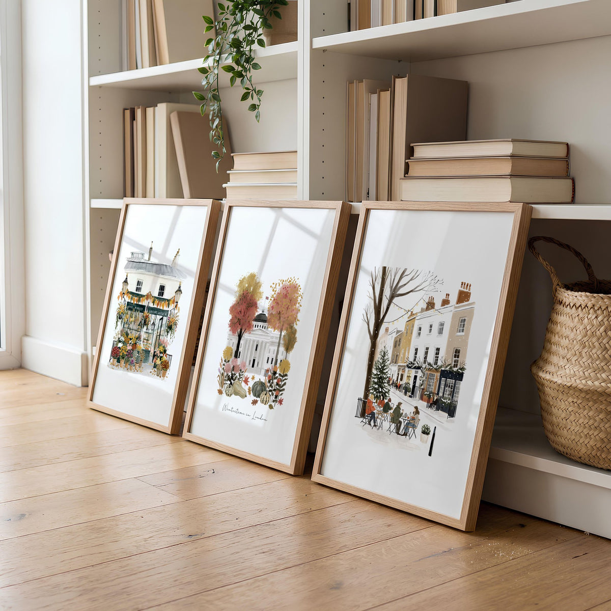 Picture for Wall Living Room London Travel wall art | "Wintertime in London" Covent Garden Terracotta Set of 3 displayed on a wall in a styled room — view 2