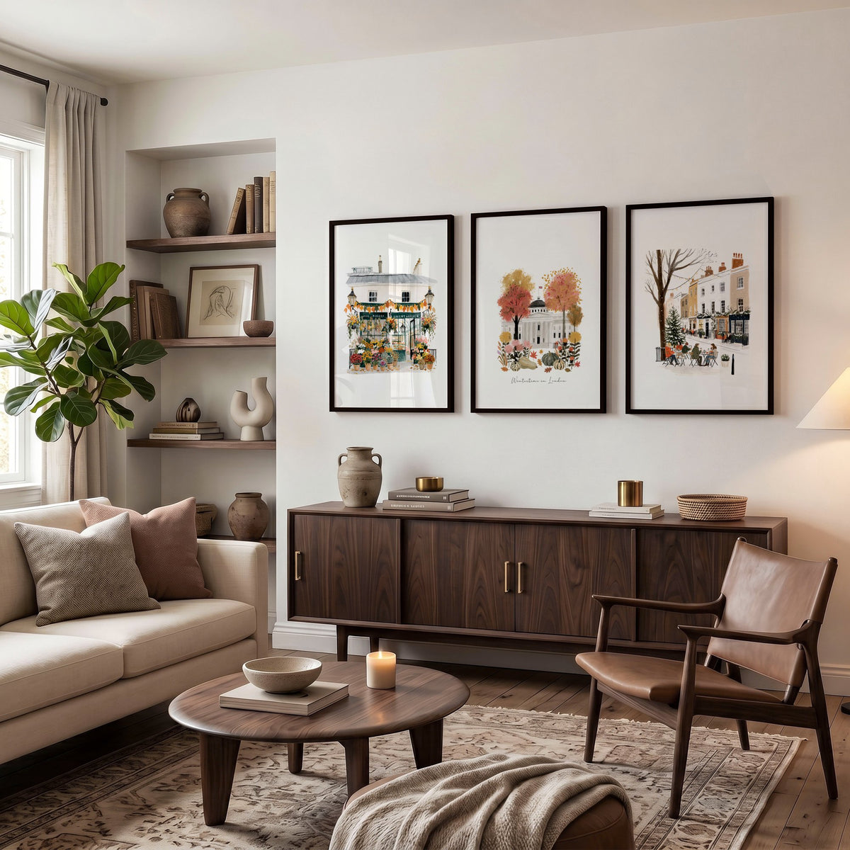 Picture for Wall Living Room London Travel wall art | "Wintertime in London" Covent Garden Terracotta Set of 3 displayed on a wall in a styled room — view 3
