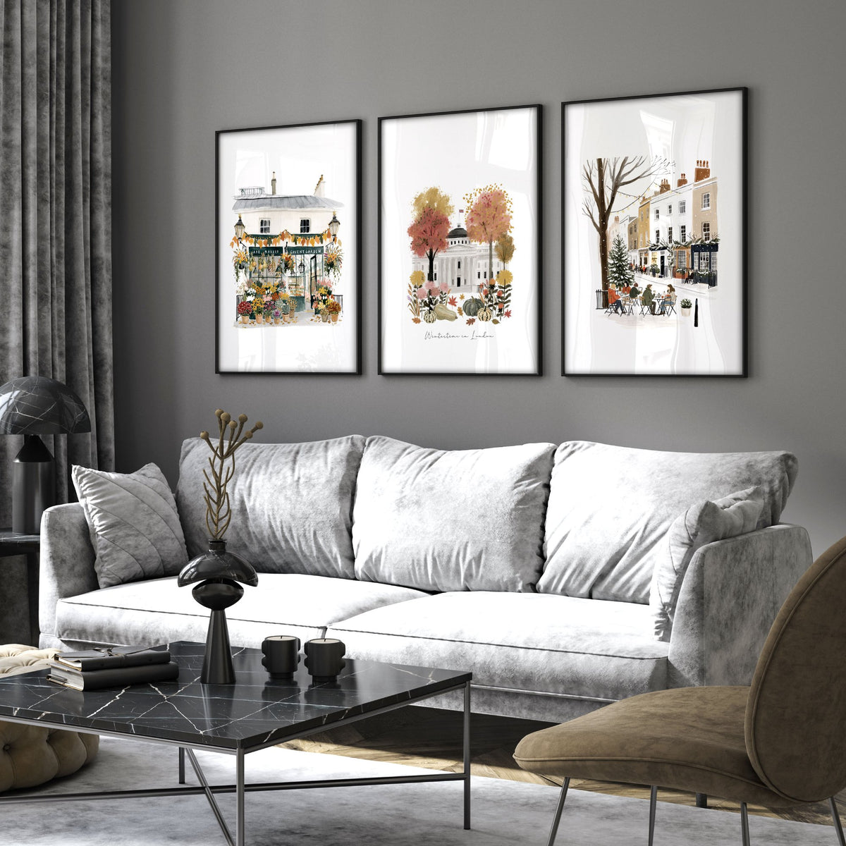 Picture for Wall Living Room London Travel wall art | "Wintertime in London" Covent Garden Terracotta Set of 3 displayed on a wall in a styled room — view 4