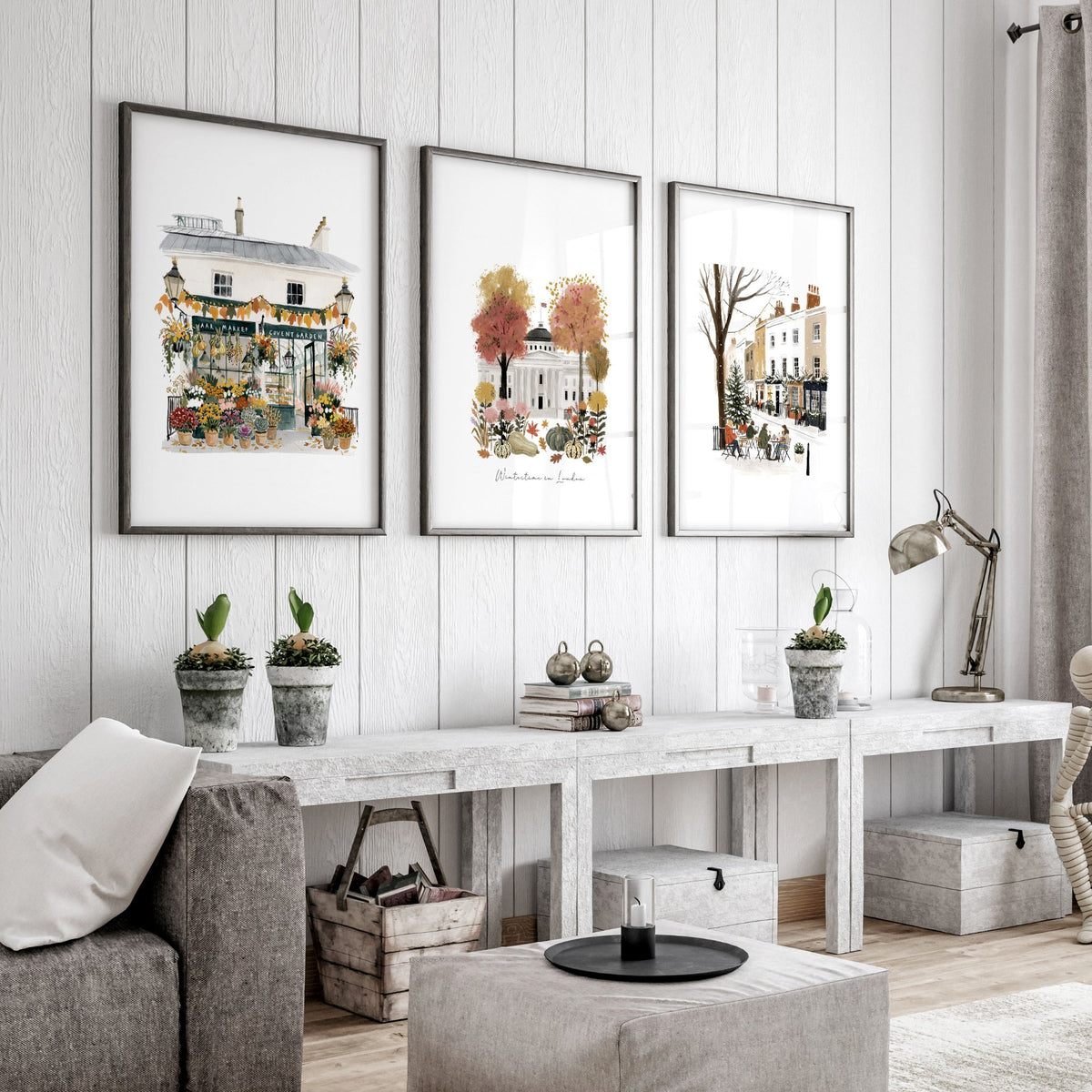 Picture for Wall Living Room London Travel wall art | "Wintertime in London" Covent Garden Terracotta Set of 3 displayed on a wall in a styled room — view 5