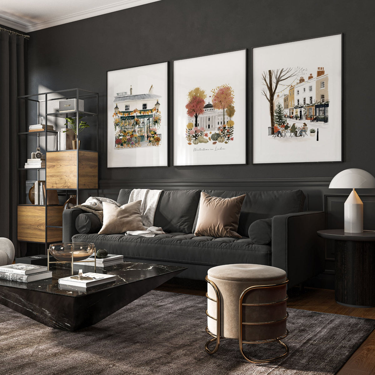 Picture for Wall Living Room London Travel wall art | "Wintertime in London" Covent Garden Terracotta Set of 3 displayed on a wall in a styled room — view 6